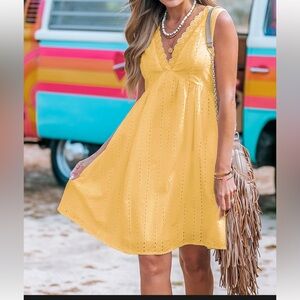 Cupshe Yellow Scalloped Lace Eyelet Mini Dress Size XL